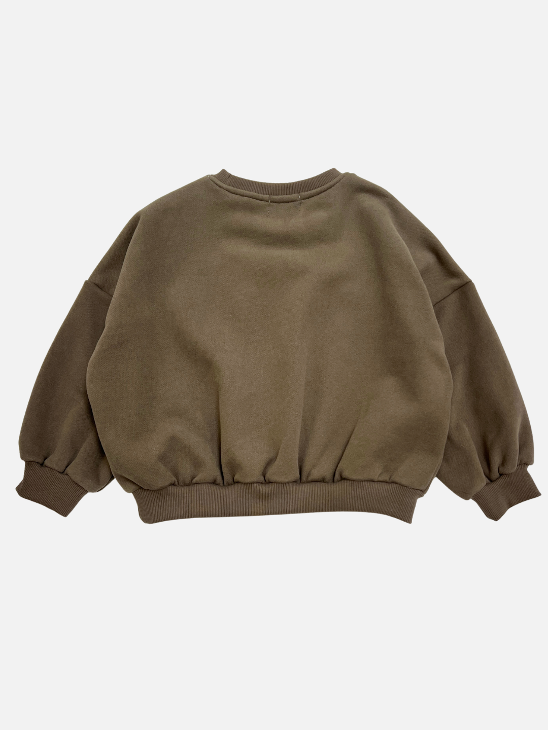 Olive | The REUNION SWEATSHIRT is a plain brown crewneck with long sleeves, ribbed cuffs, hem, and neckline, shown on a white background.