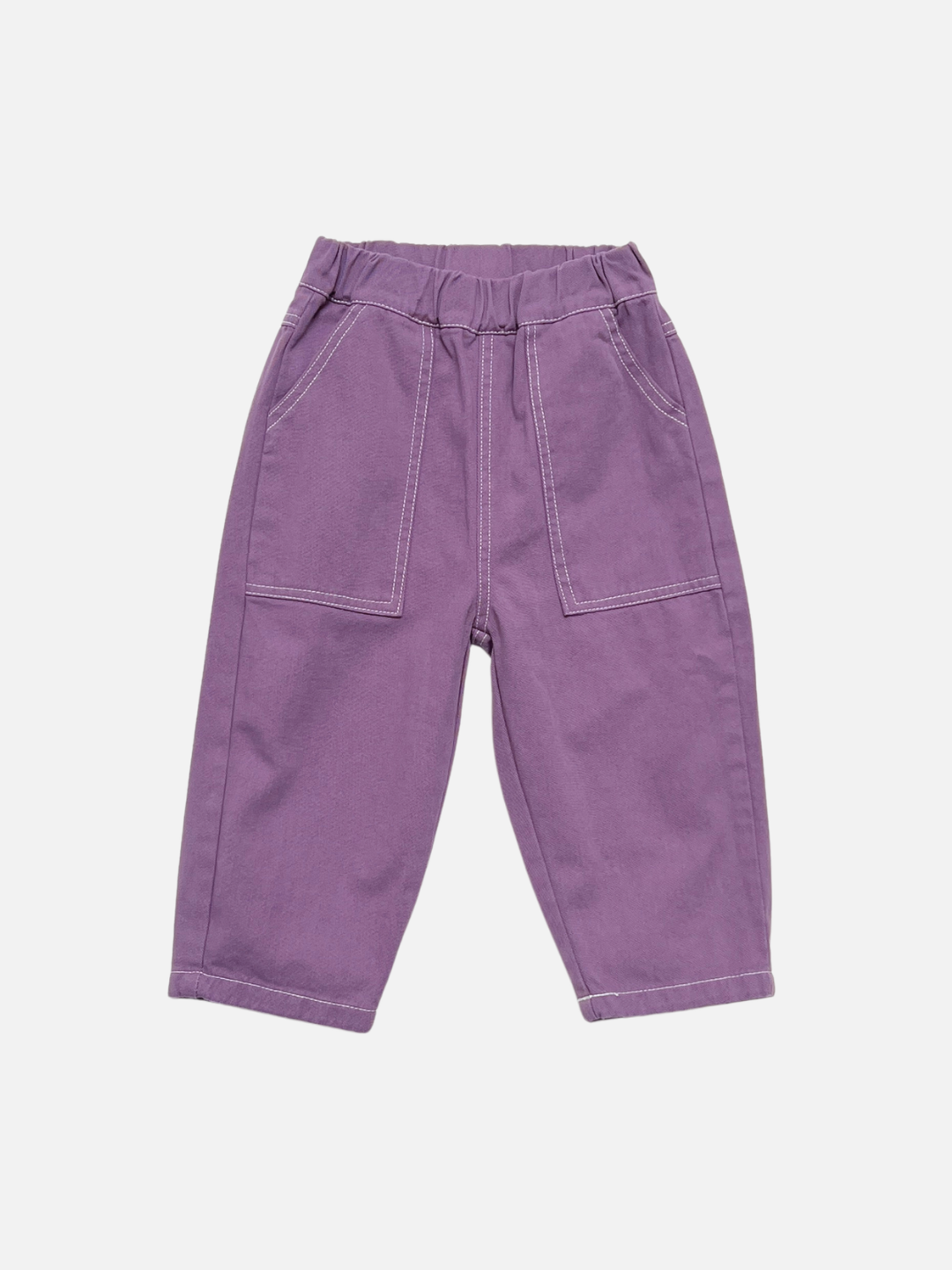 Purple | Kids baggy faded purple pants with contrast white topstitching on large patch pockets, shown flat on a light grey background.