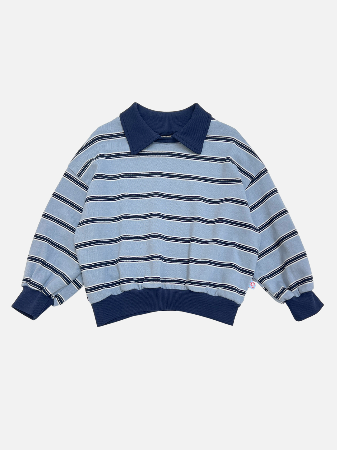 The GARY COLLAR SWEATSHIRT, a blue and white horizontally striped long-sleeve pullover with navy collar, cuffs, and waistband, is shown laid flat on a white background.