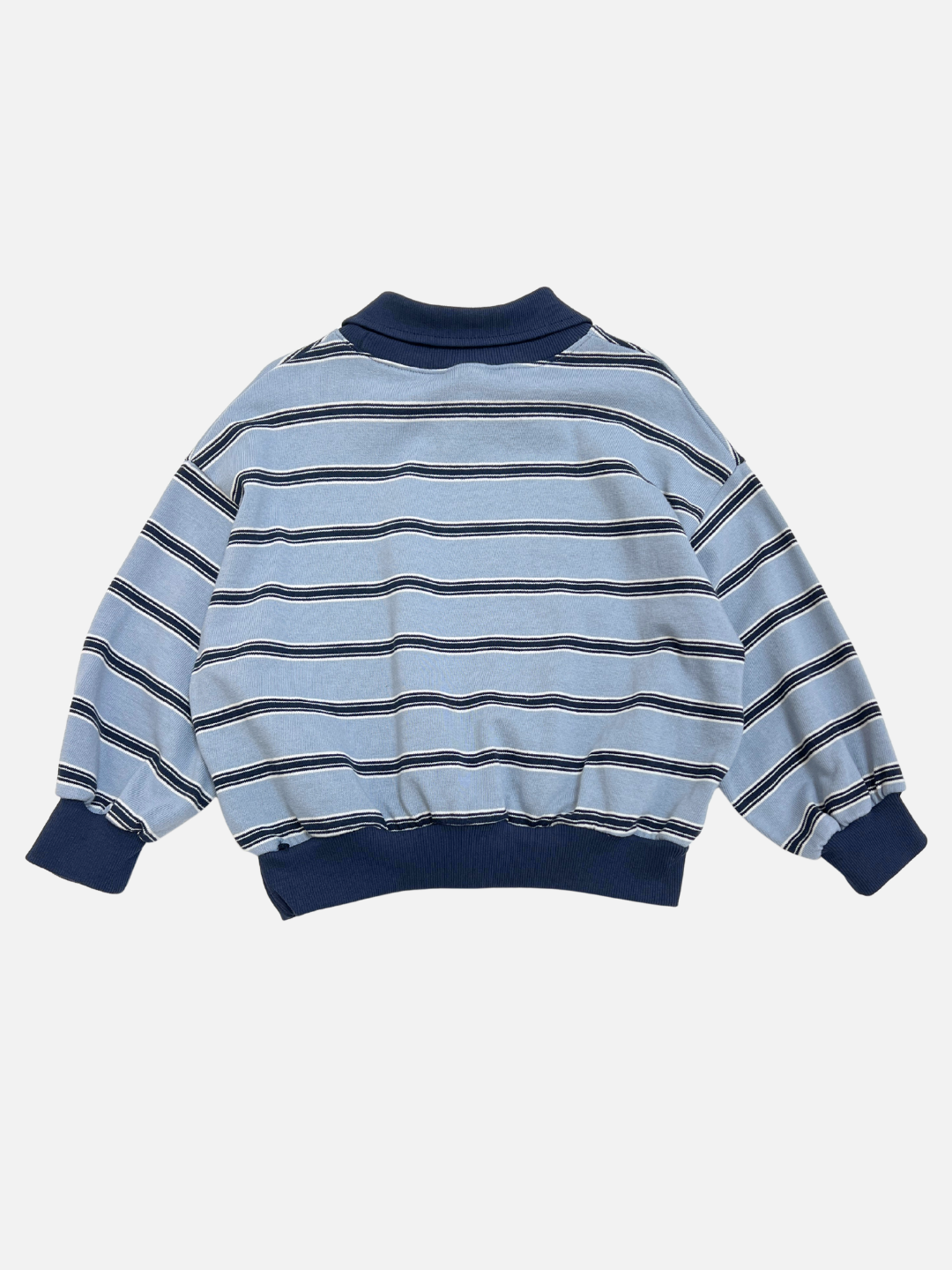 The GARY COLLAR SWEATSHIRT is a light blue, long-sleeve top with black and white horizontal stripes plus dark blue collar, cuffs, and waistband, shown on a plain background.