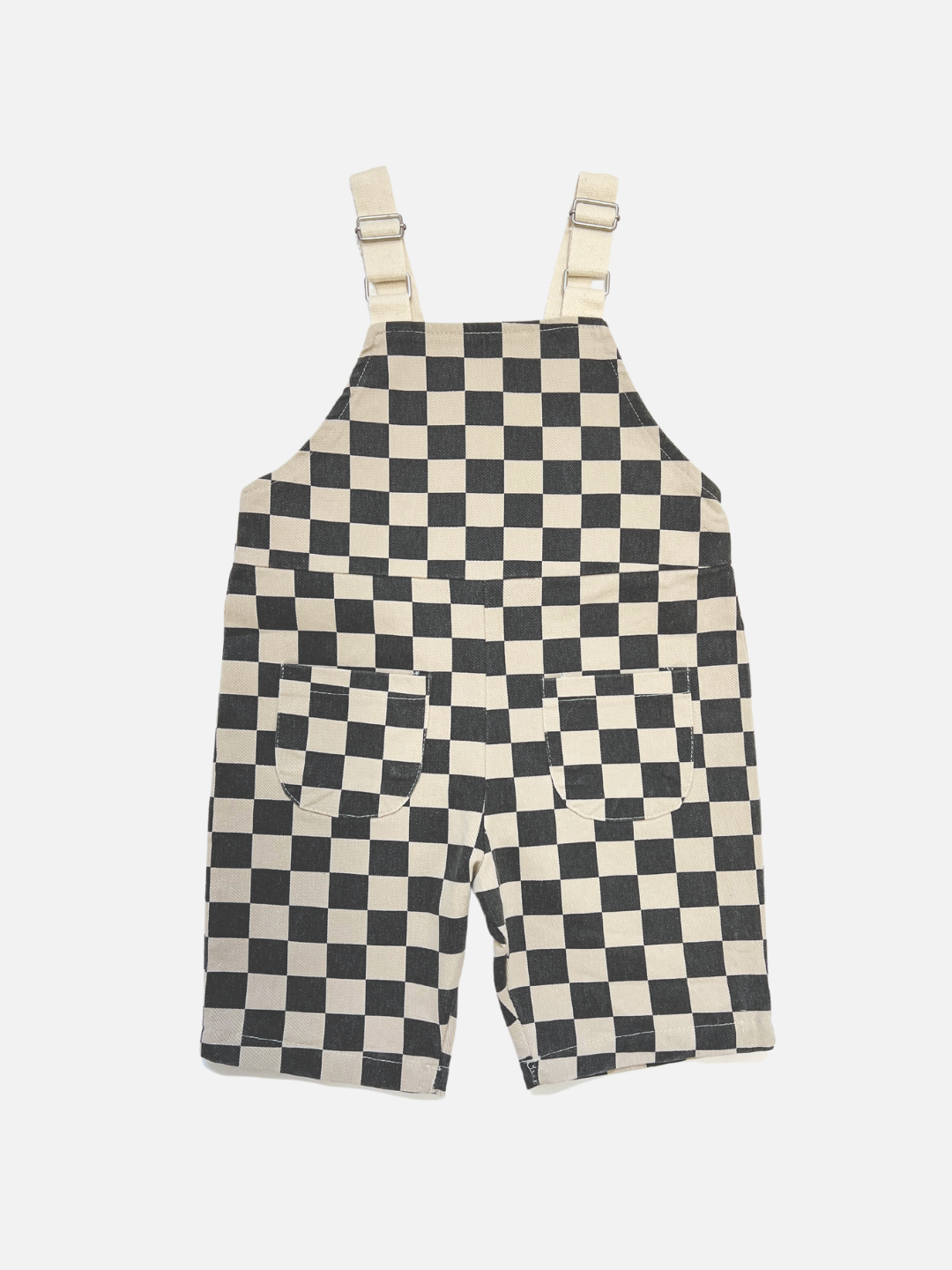 A front view of kid's checker overall in  off-white