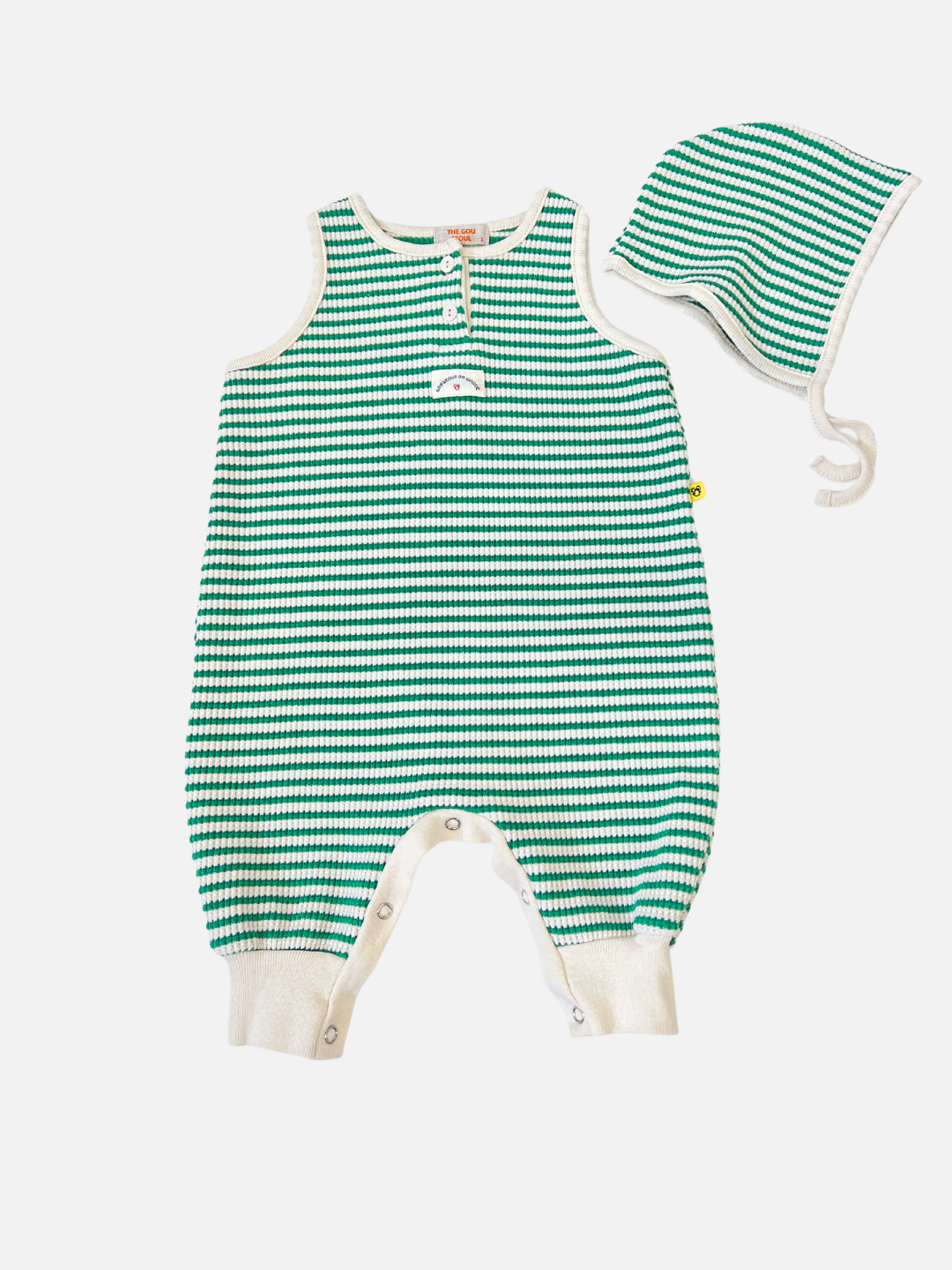 Green | The STRIPE WAFFLE ROMPER SET features a green striped baby romper made from soft waffle cotton, paired with a matching bonnet.