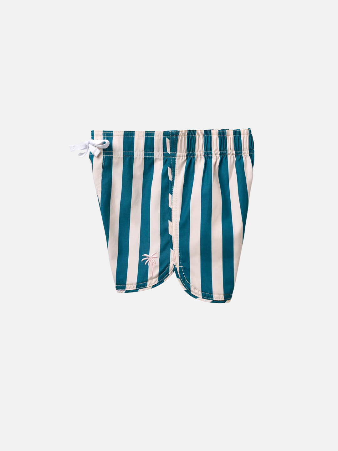 Charleston | RETRO FLARE BOARDSHORTS CABANA STRIPE: Blue and white vertical stripes, scalloped hem, white drawstring, palm tree logo on left leg, made from recycled polyester. Displayed on a plain white background.