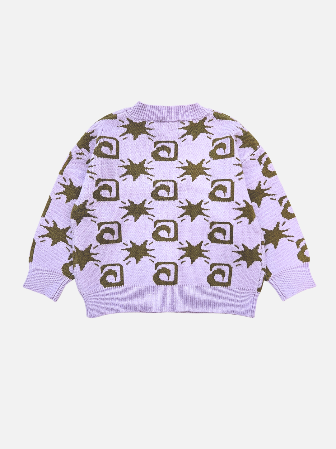 Purple sweater with green abstract pattern on a white background
