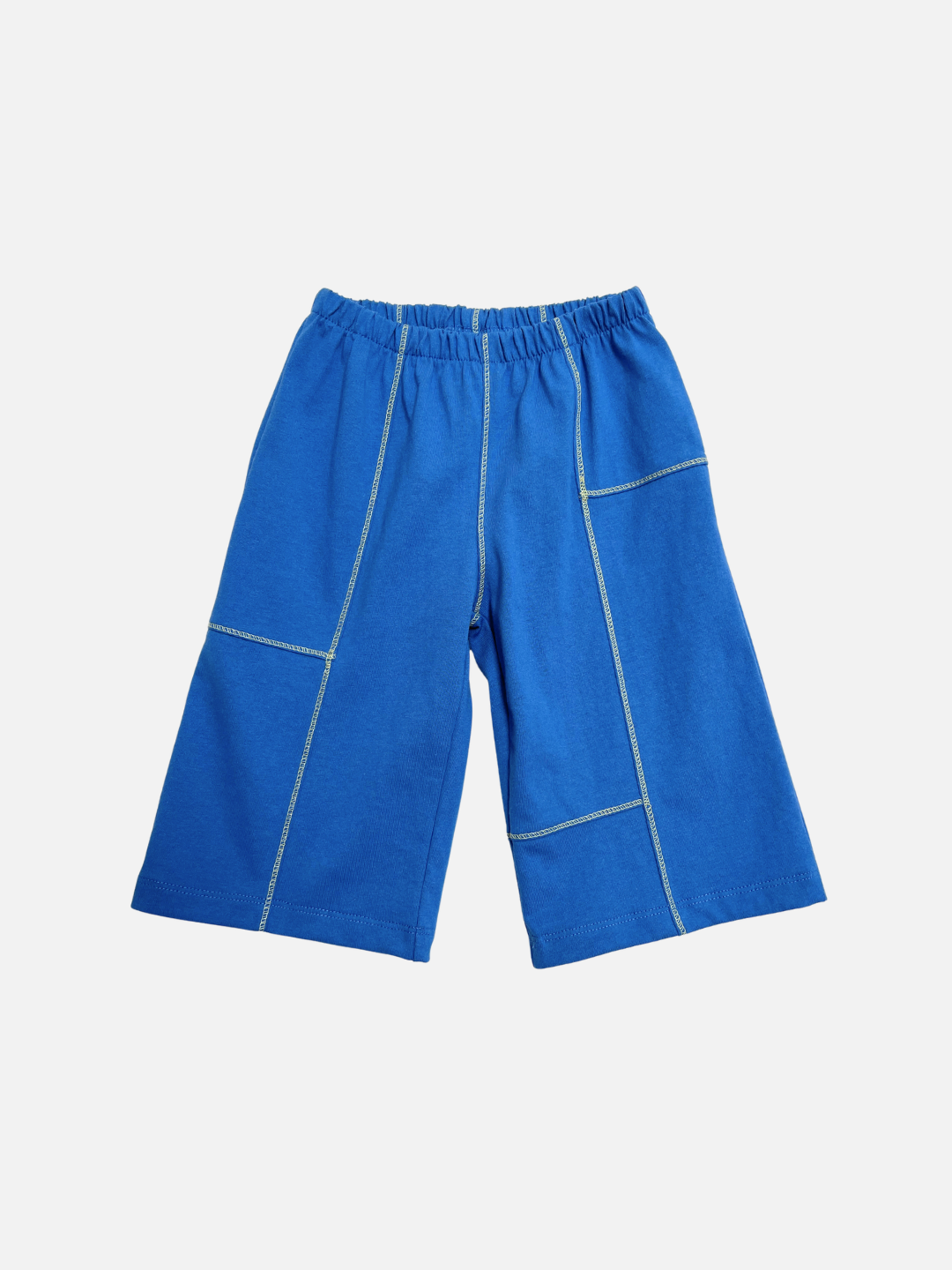TOPSTITCH BABY PANT in blue, featuring yellow stitching and an elastic waist, designed as durable crawling pants for little ones, shown on a plain white background.