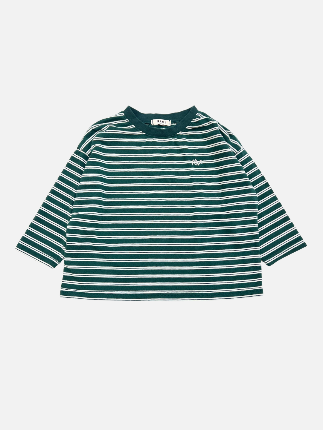 The CANOE LONGSLEEVE TEE in green features white horizontal stripes and a classic crew neckline, shown laid flat on a plain background.