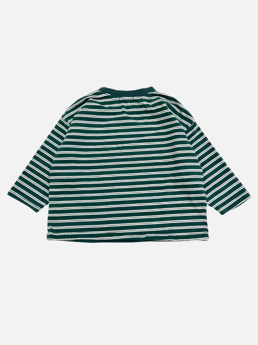 Green | CANOE LONGSLEEVE TEE shown laid flat, back side up, featuring dark green and white horizontal stripes.