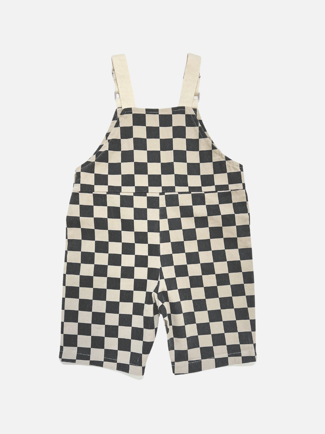 A back view of kid's checker overall in off-white