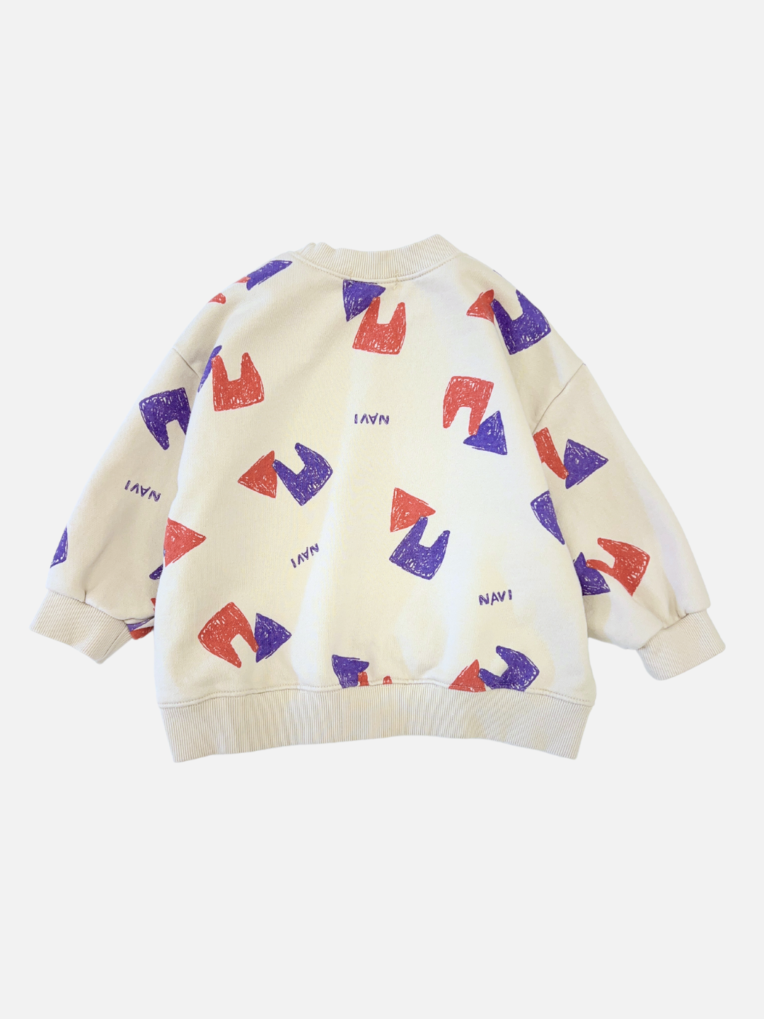 Back view of kids beige crewneck sweatshirt with an all over pattern of red and purple shapes and the brand name Navi.
