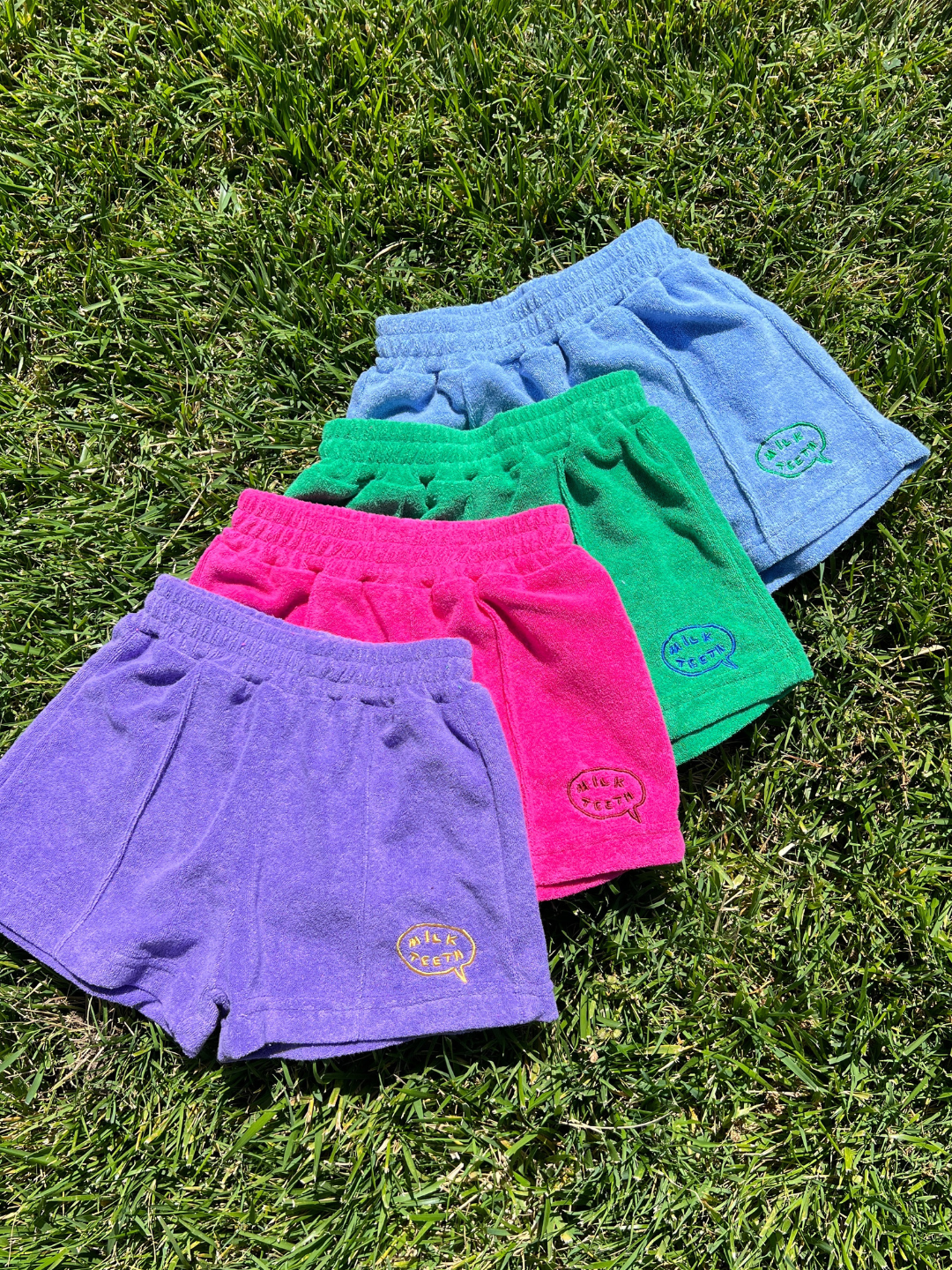 Four pairs of EVERYDAY TERRY SHORTS in purple, pink, green, and blue with elastic waists and embroidered logos on the left leg are laid out on grass.