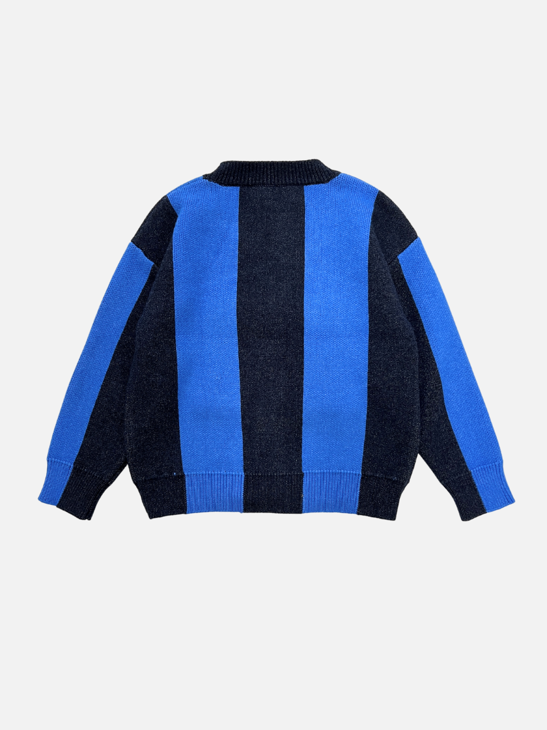 The STRIPE CARDIGAN features long sleeves and wide vertical blue and dark navy stripes, shown flat from the back.
