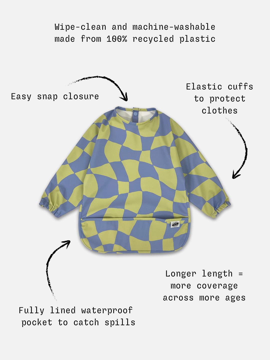Green Checkers | Detailed information of the long sleeve light green and blue wavy checked bib with a front pocket.