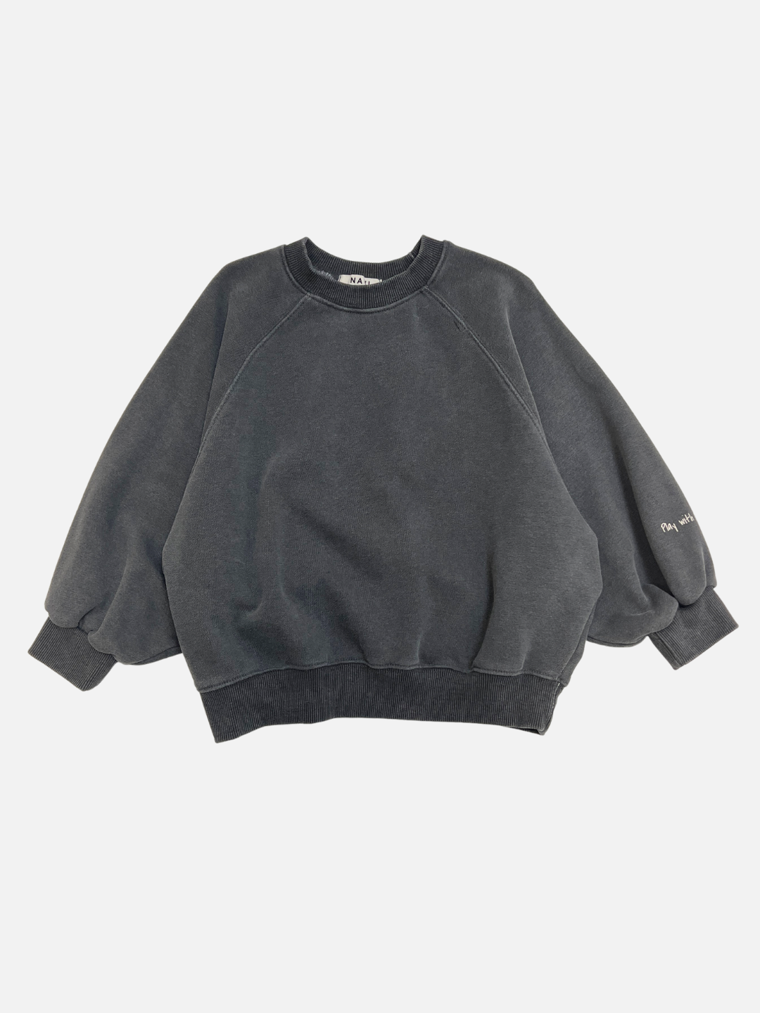 Charcoal | The PLAYTIME SWEATSHIRT in charcoal is an oversized vintage crewneck made from garment-dyed cotton, featuring balloon sleeves and ribbed cuffs, hem, and neckline. Shown laid flat on a white background.