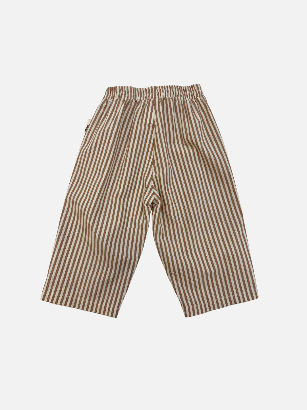 COCO STRIPE BABY PANTS: Relaxed lounge pants with an elastic waistband, featuring vertical brown and white stripes, shown on a plain white background.