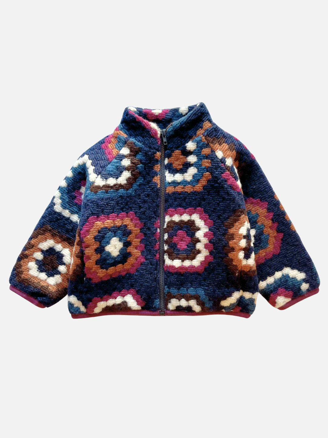 Front view of the vibrant navy fleecy TUFTED WOOL JACKET with a geometric pattern in shades of blue, brown, red, and white, featuring a front zipper and a cozy funnel-neck style.