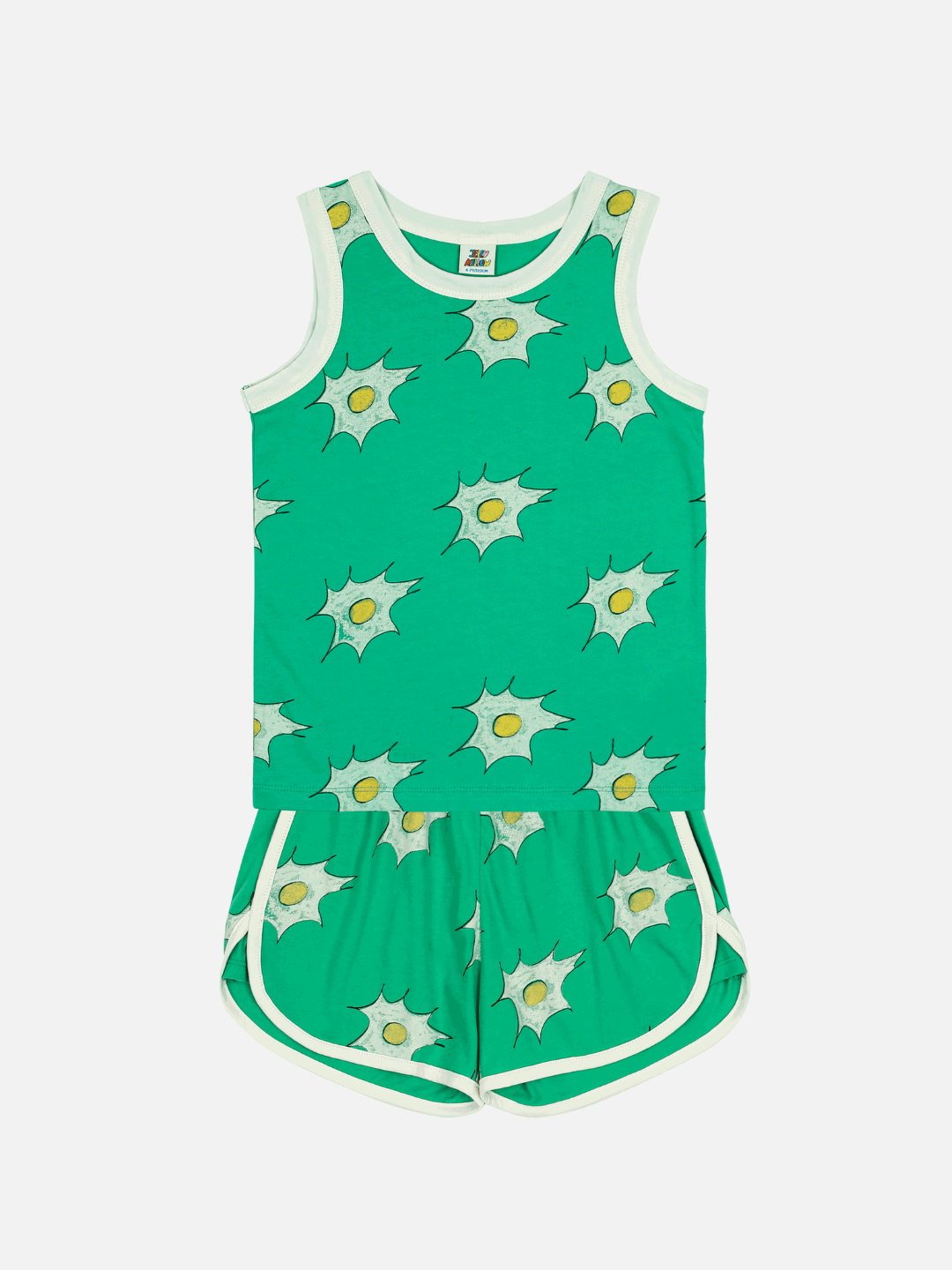 The EGG SUMMER SET includes a green tank top and shorts with white trim, adorned with a sunny-side-up egg pattern.