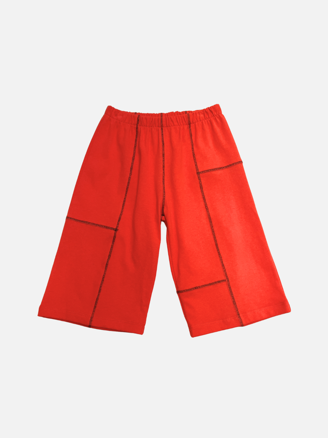 Red | The TOPSTITCH BABY PANT in bright red features wide legs, black stitching, an elastic waist, and roomy front patch pockets—a comfy, sturdy choice for active little ones. Displayed on a white background.