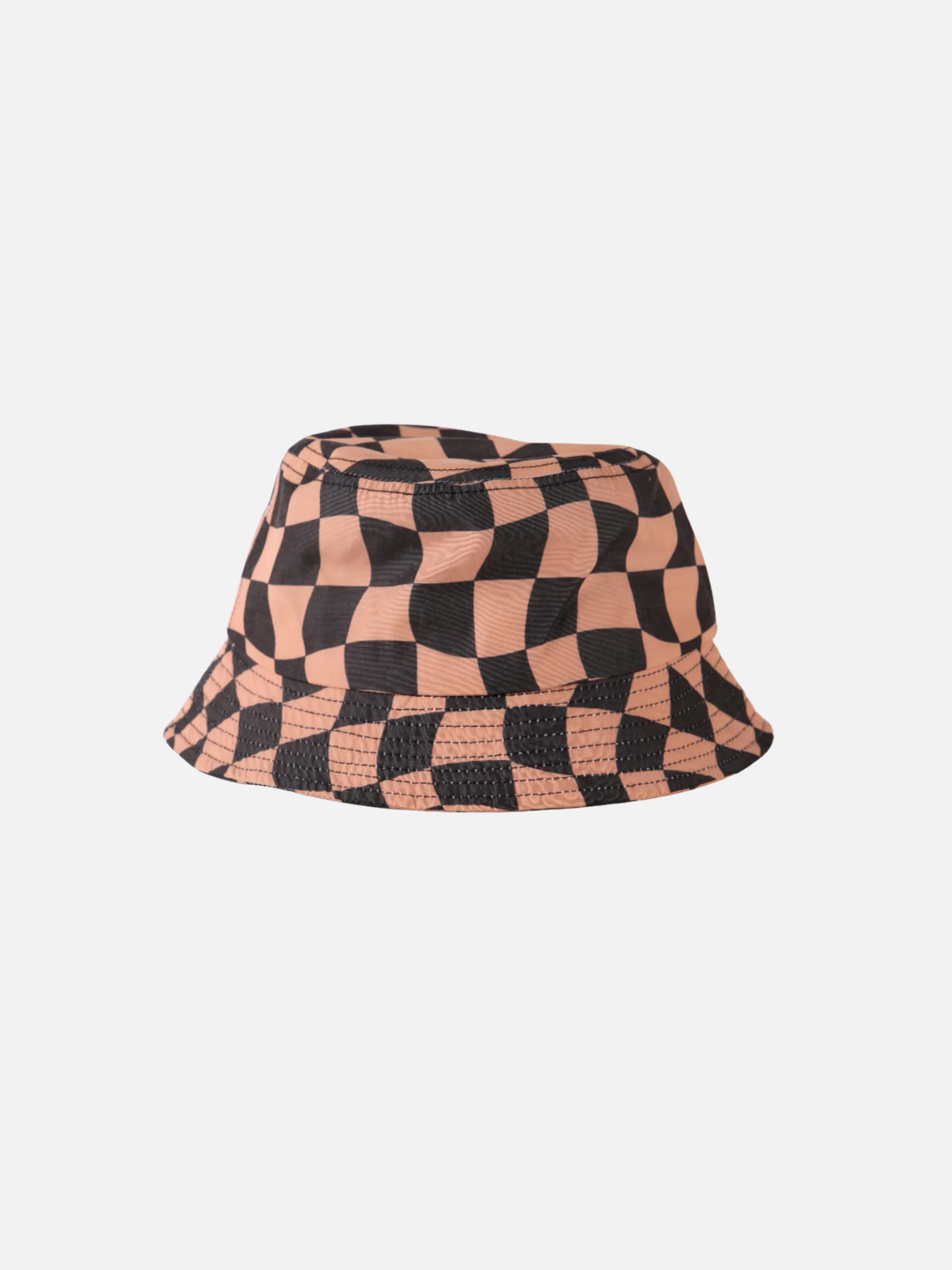 The WAVY CHECKS BUCKET HAT is an orange and black bucket hat with a wavy checkerboard pattern, shown against a plain white background.