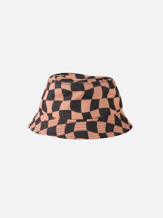 Image of The WAVY CHECKS BUCKET HAT is an orange and black bucket hat with a wavy checkerboard pattern, shown against a plain white background.