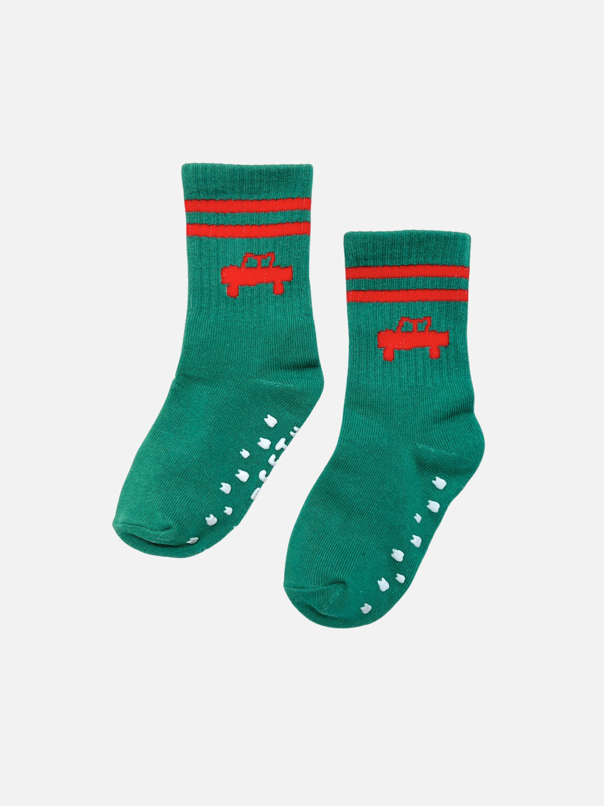 RIBBED GRIP SOCK in green cotton with red stripes and car icons, featuring white anti-skid grips on the soles.