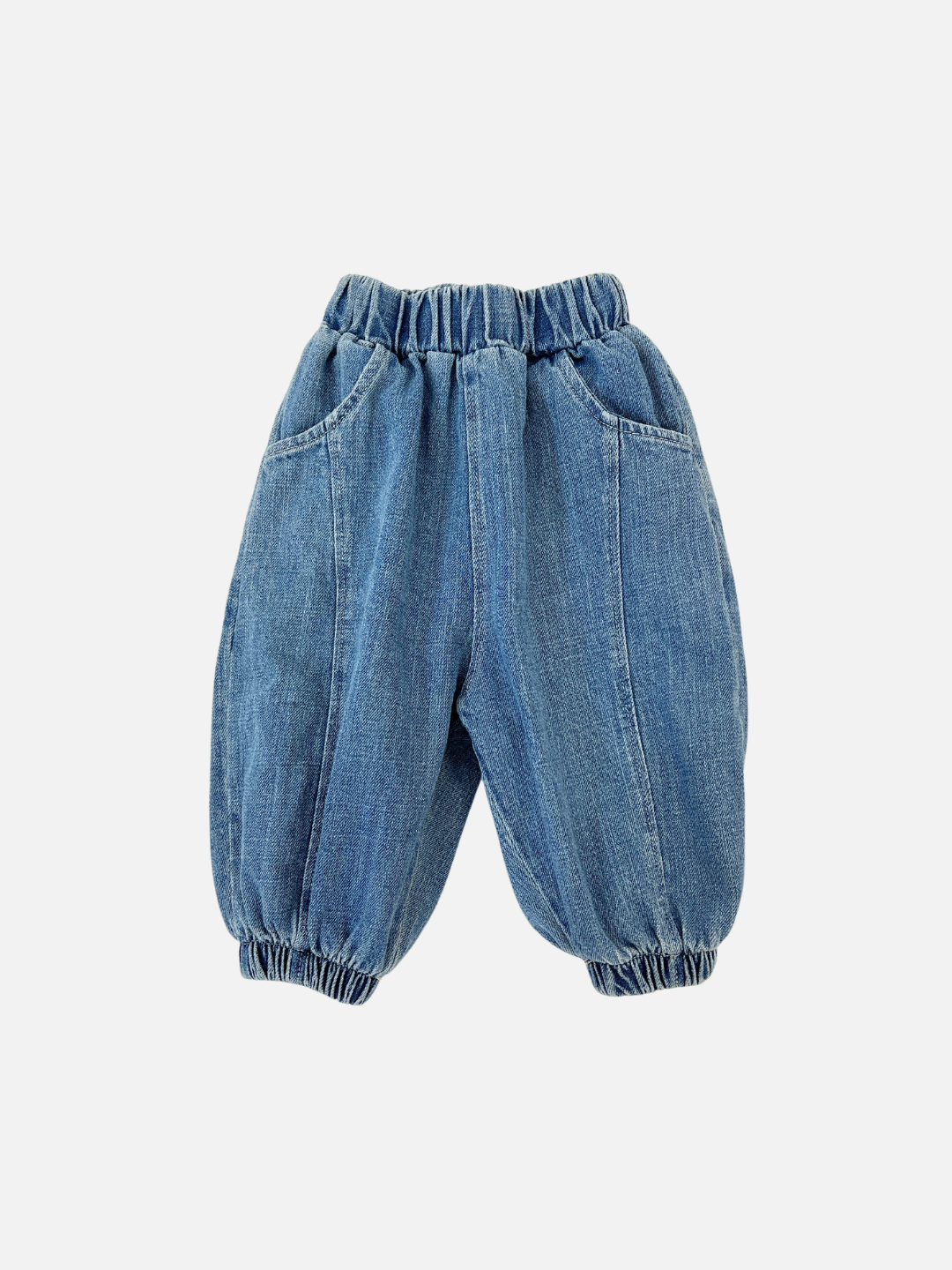 Denim | Valu Baby's BALLOON JEAN in Denim for toddlers has an elastic waistband and cuffs, two front pockets, and a jogger-style fit.