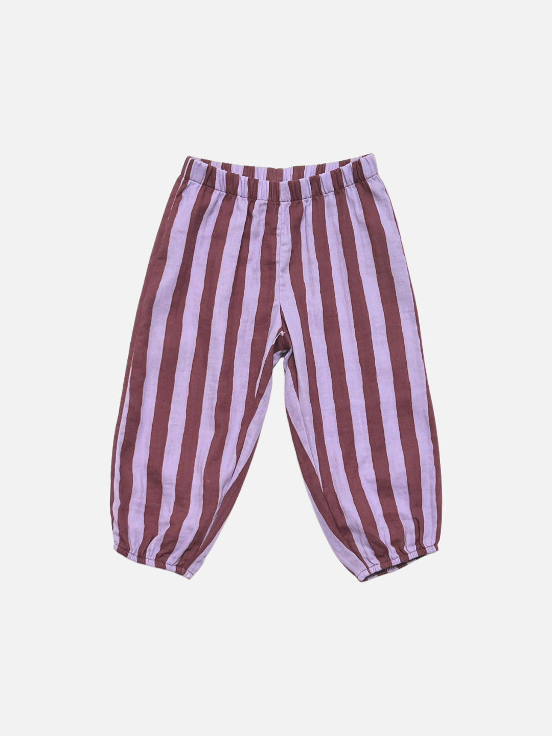 Front view of baby and toddler striped organic cotton pants in purple and burgundy, on a light grey background.