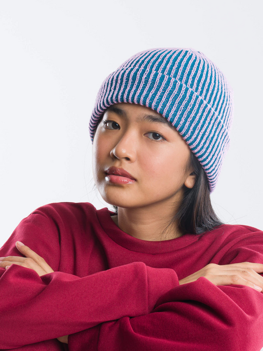 Second image of TWO-TONE RIB KNIT BEANIE in Teal Lilac