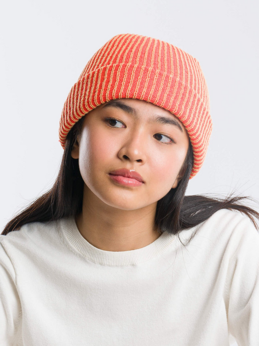 Second image of TWO-TONE RIB KNIT BEANIE in Camel Poppy