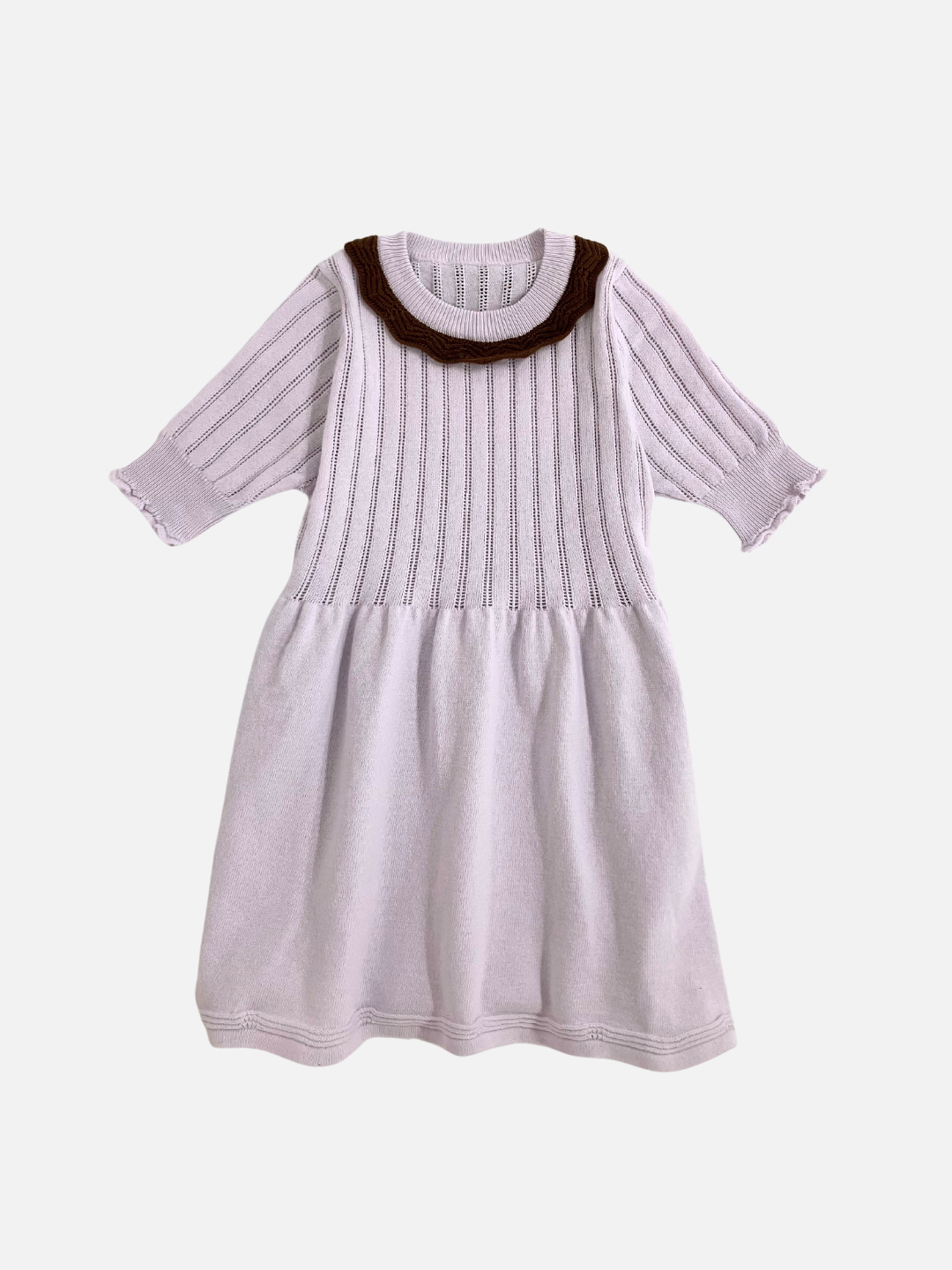 Lavender | Front view of the kid's Marlowe knit dress in Lilac with a quarter sleeve length and brown contrast collar 