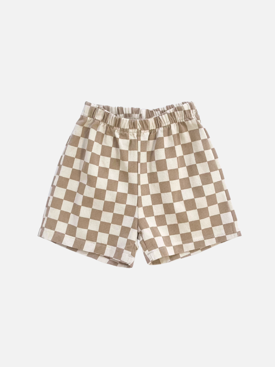 A front view of the kid's Frankie Short in Tan & Ivory check