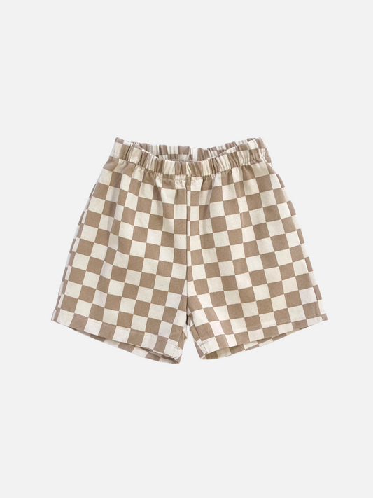Image of Tan | A front view of the kid's Frankie Short in Tan & Ivory check