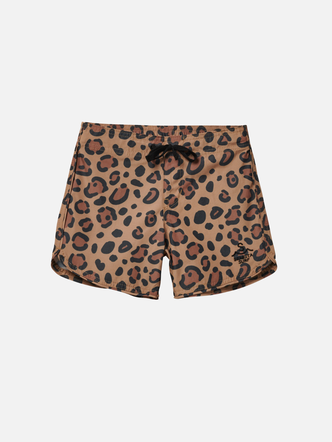 CALICO CRAB BOARDSHORTS showcase a vintage vibe with bold leopard print and black drawstring, complemented by a sleek scalloped hem on a crisp white background.