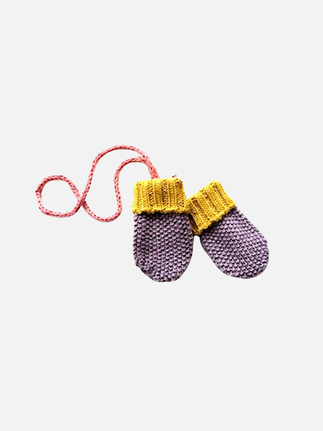 Grapes | Pair of ALPACA BABY MITTENS in a charming grapes color, featuring yellow cuffs. Crafted from soft Alpaca wool, they are connected by a red and white braided string. Set against a plain white background, these Fair Trade mittens are perfect for keeping little hands warm.