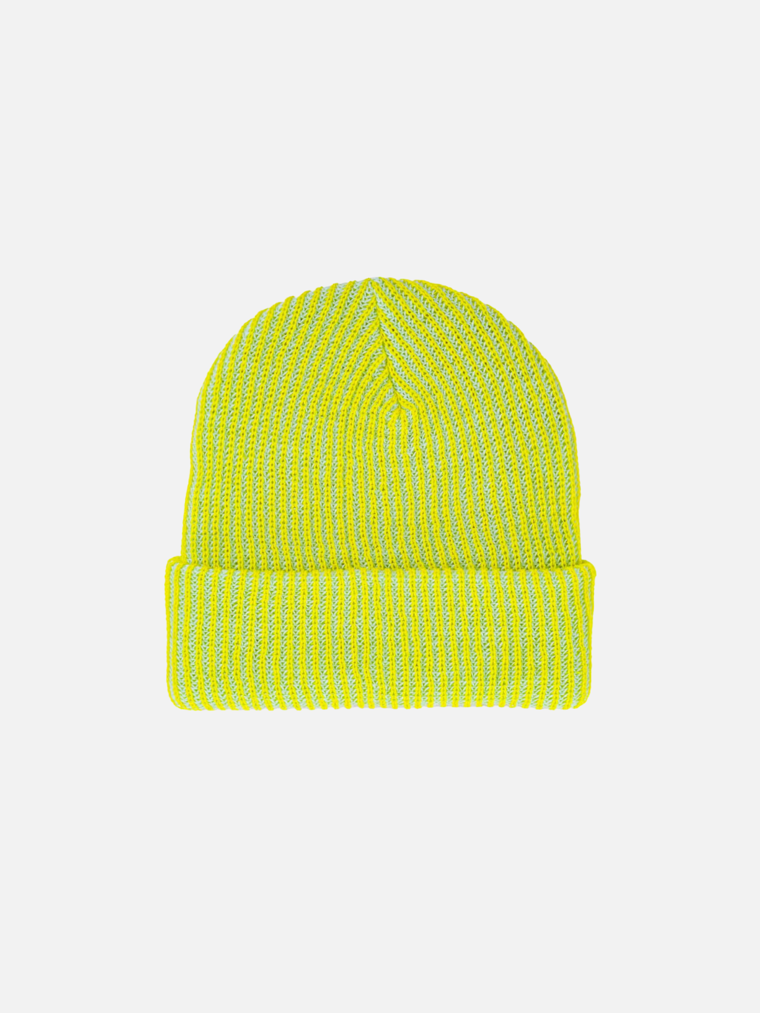 Yellow/Jade | Front view of a neon yellow ribbed beanie for big kids and adults, with a ribbed cuff. The ribbed texture reveals a second yarn color that's pale green.