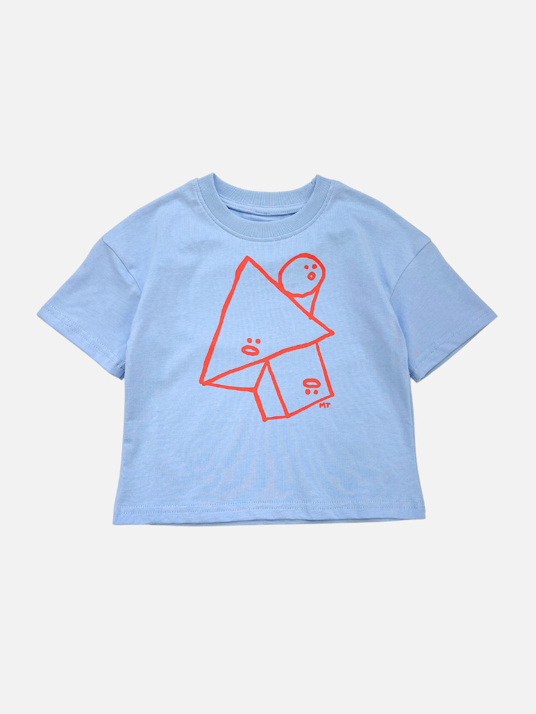 A front view of the kids' Jumble Tee with red shapes outline with funny faces in the center.