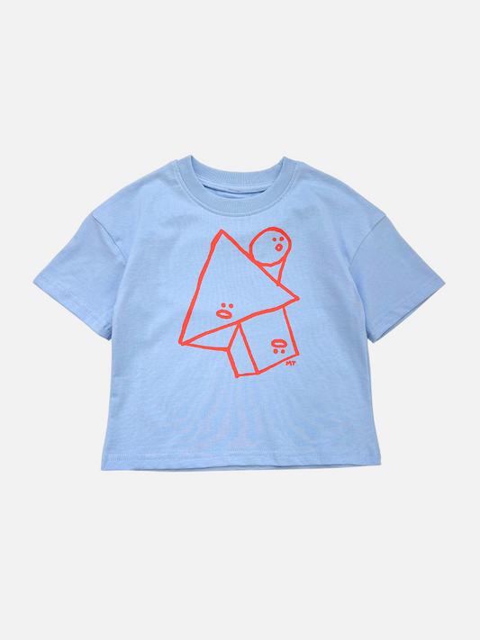Image of Sky Blue | A front view of the kids' Jumble Tee with red shapes outline with funny faces in the center.