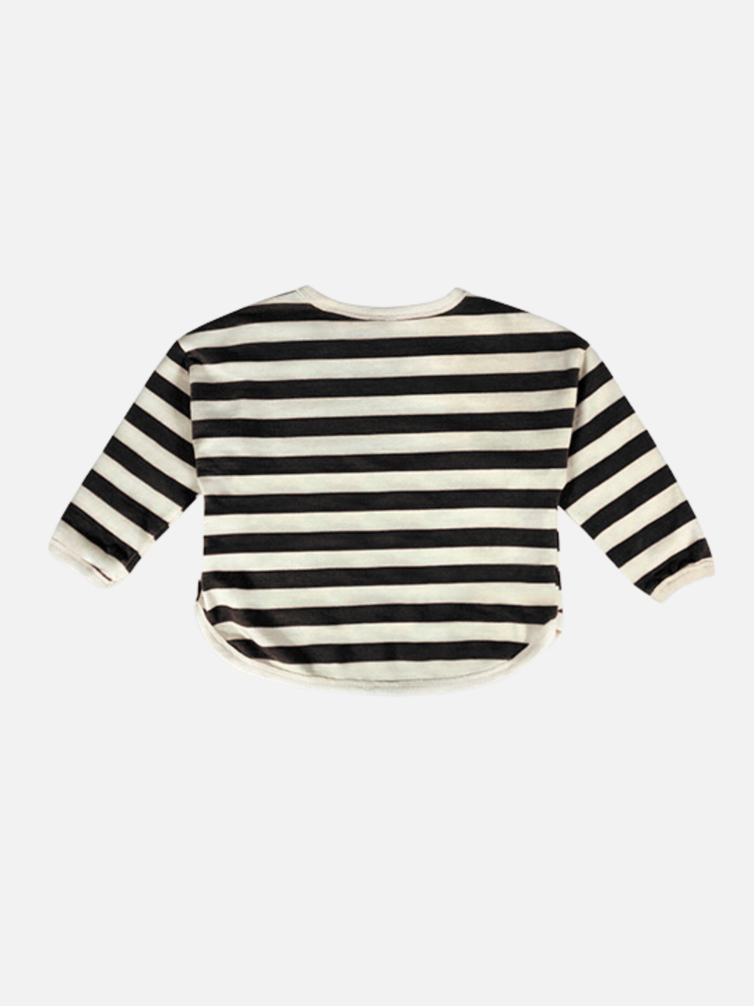 A kids' tee shirt with a curved hem in black and white stripes, back view