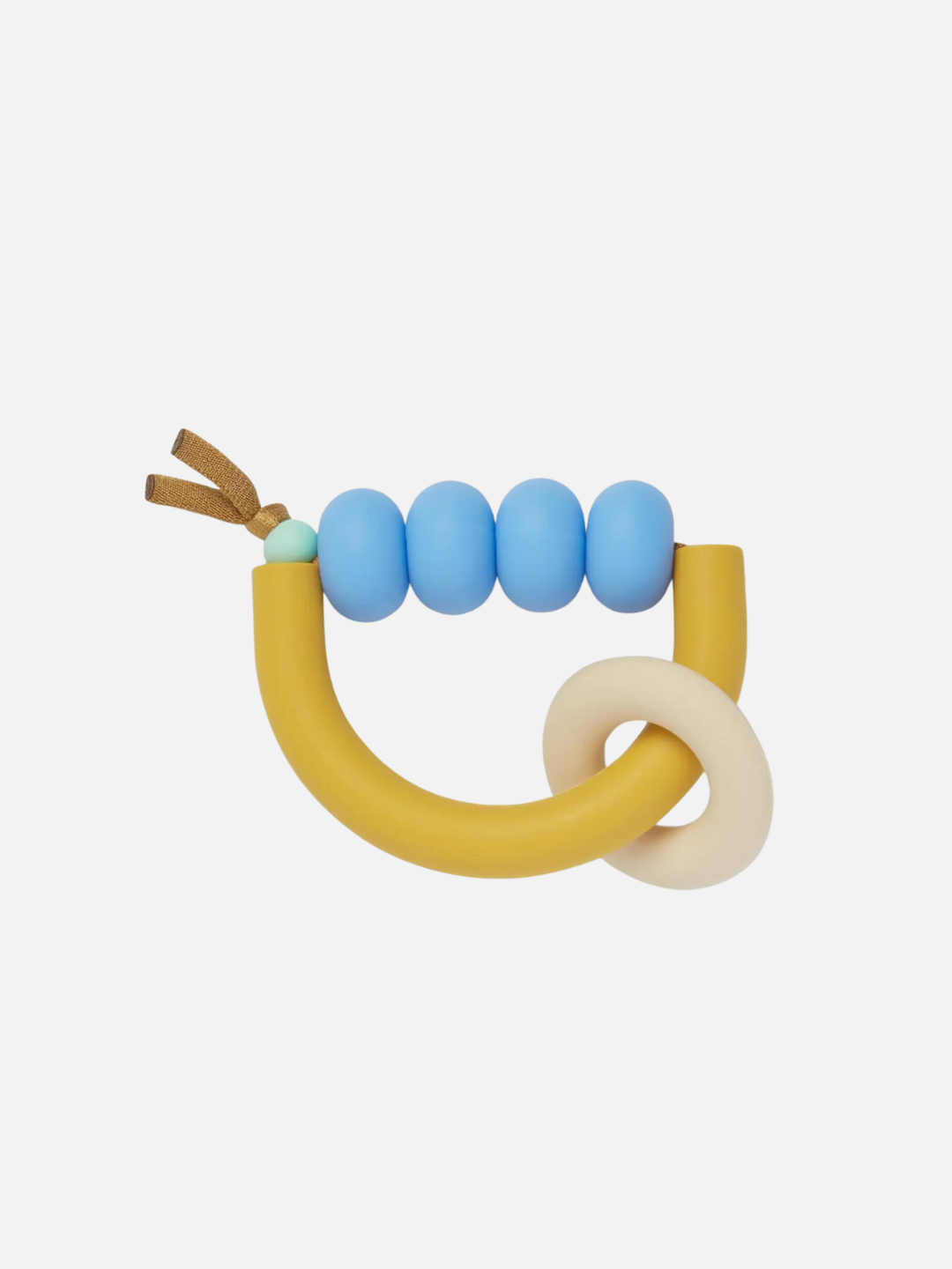 Teether with white ring on yellow semicircle, sky blue beads strung along top