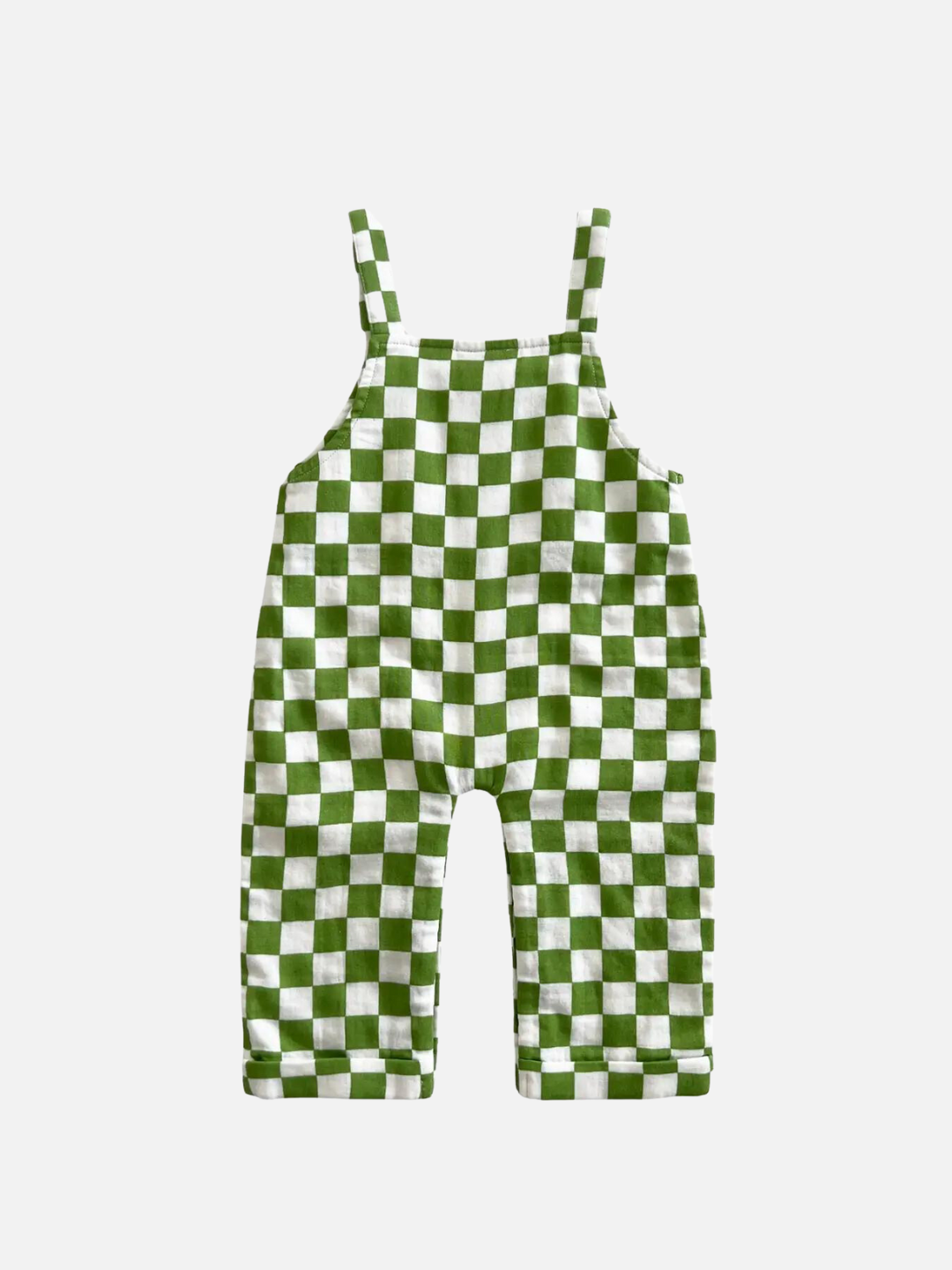 A pair of kids' overalls in grass green and white check, back view