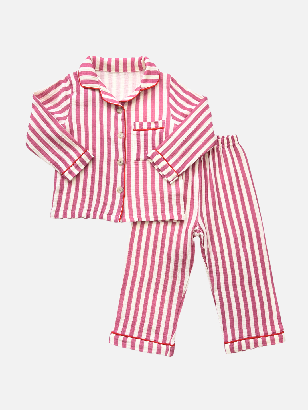 Pink Stripe | The MOVIE NIGHT SET, a children's set featuring a pink and white striped design, includes a long-sleeved button-up top with a pocket on the left and matching pants, crafted from breathable fabric.