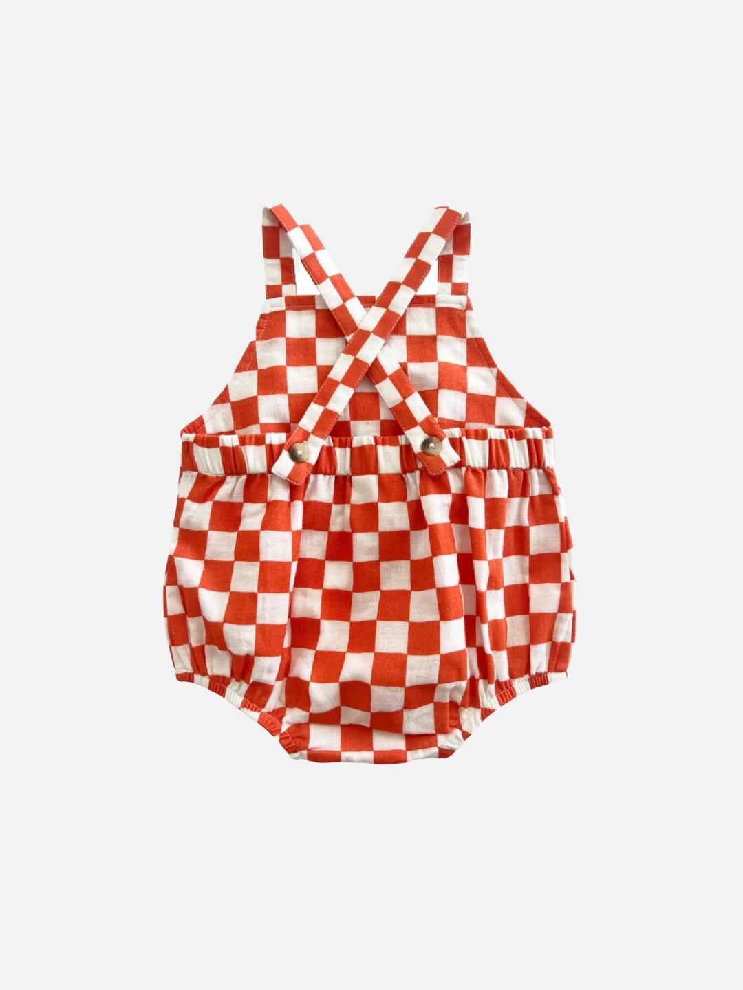 A tangerine orange and white checkerboard sunsuit, rear view with crossback straps