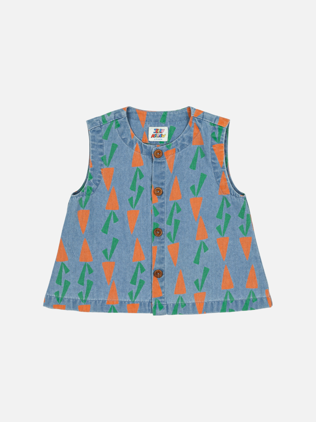 CARROT DENIM VEST: Sleeveless, features a carrot pattern and wooden buttons on the front.