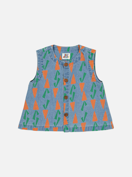 Image of CARROT DENIM VEST: Sleeveless, features a carrot pattern and wooden buttons on the front.