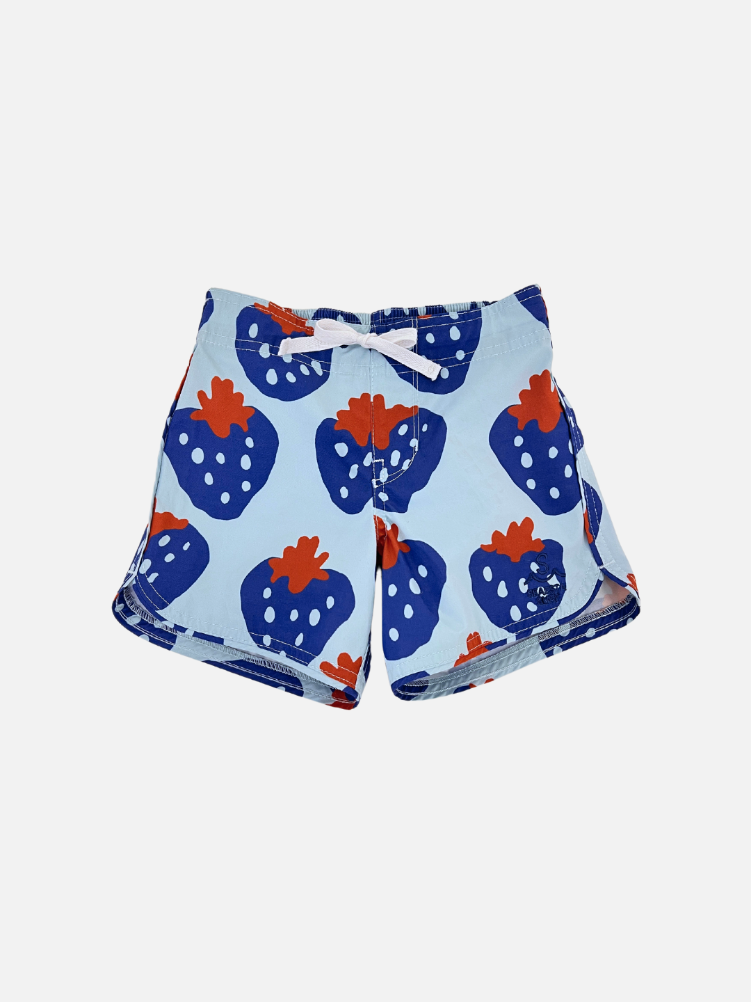 The STRAWBERRY BOARDSHORTS are light blue trunks with large blue strawberries, red tops, and white seeds. Made from sustainable materials and tied with a white drawstring, they capture the vintage surf style essence.