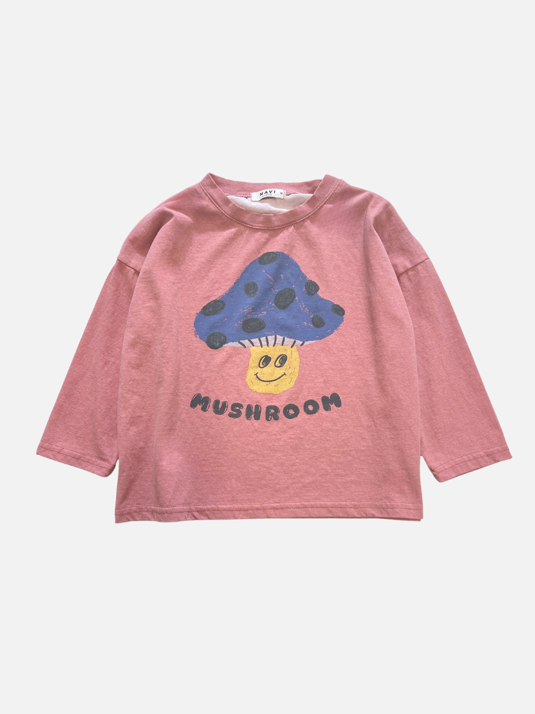 Faded Red | A pink long-sleeve tee featuring a smiling mushroom illustration with "MUSHROOM" underneath, named MUSHROOM LONG SLEEVE TEE.