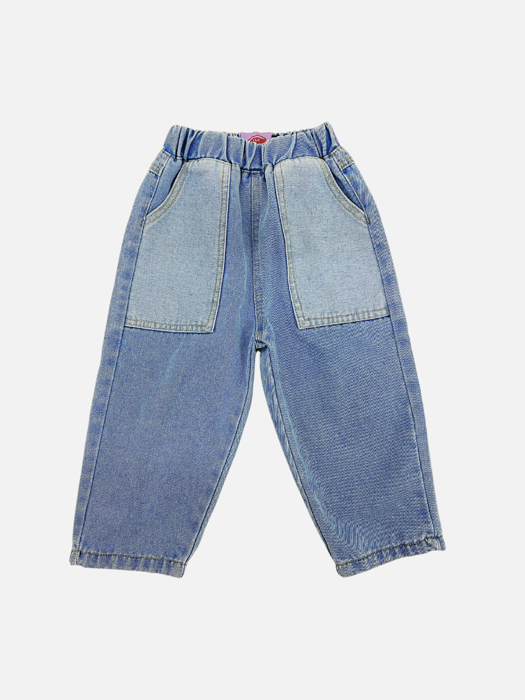 A pair of kids' jeans in mid denim with pale denim pockets