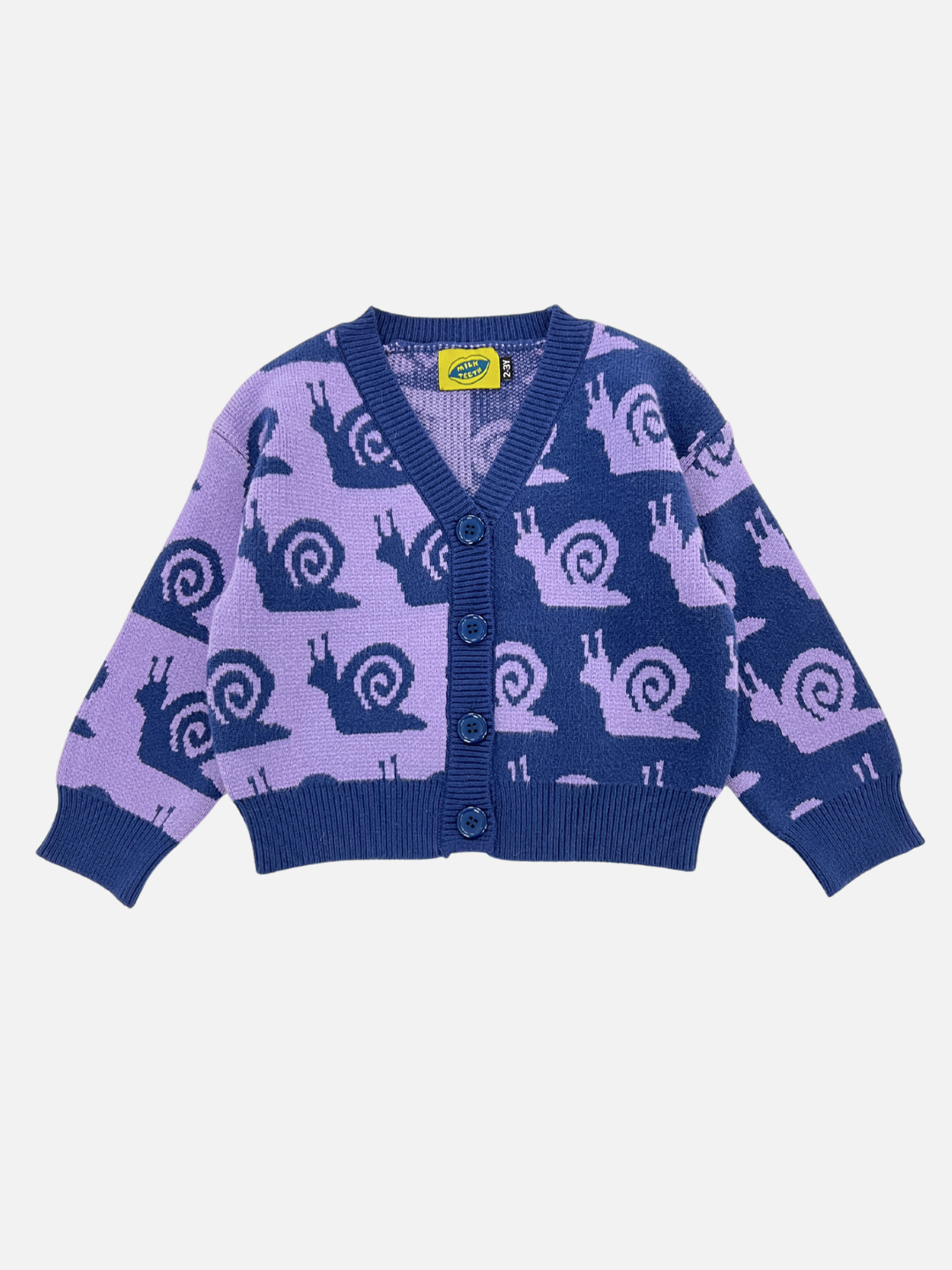 The ESCARGOT CARDIGAN is a child-sized, long-sleeved cardigan featuring a delightful pattern of purple snails on a blue background. It boasts a button-up front and ribbed cuffs and hem, making it easy to see how well this product pairs with any casual outfit.