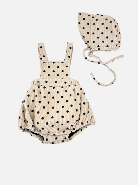 Image of DOT ROMPER + BONNET SET in Ecru