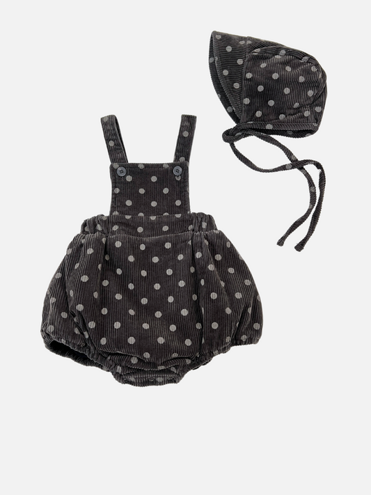 Image of DOT ROMPER + BONNET SET in Charcoal