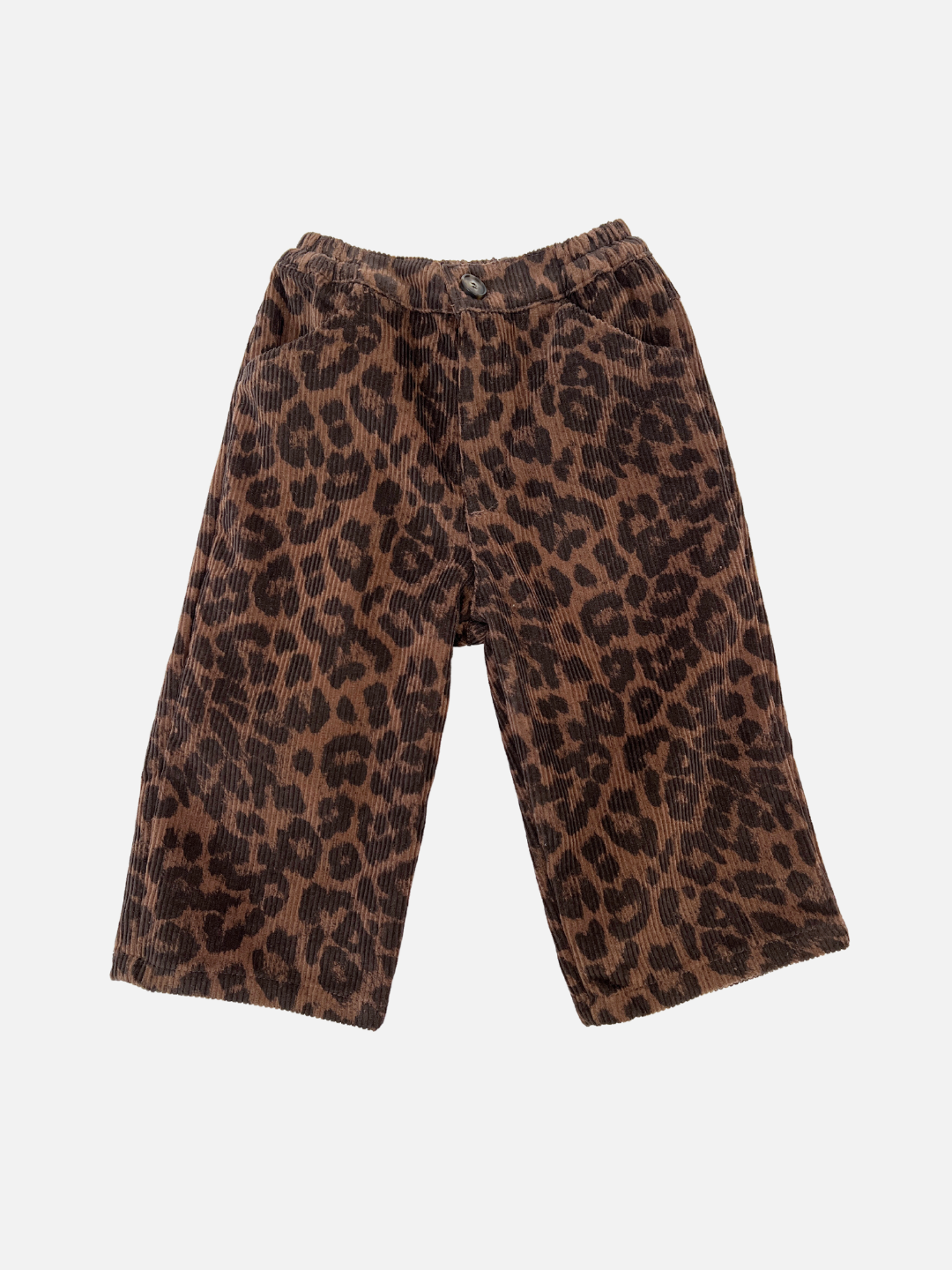 Brown leopard print cotton corduroy pants with an elastic waistband from the trendy Korean brand, LEOPARD CORDS, laid flat against a white background.